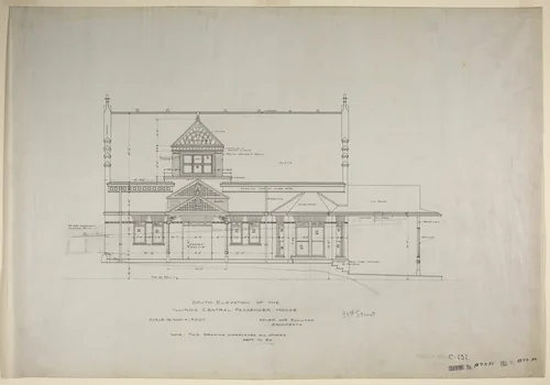 Illinois Central Railroad, Oakland Avenue Passenger Station, Chicago, Illinois, South Elevation by Adler and Sullivan, drawing, 1886