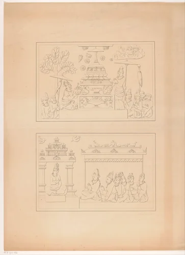 Reliëf met Boeddhistische goden, mogelijk van de tempel Candi Mendut by Andries Wiemans, print, 1836-1858