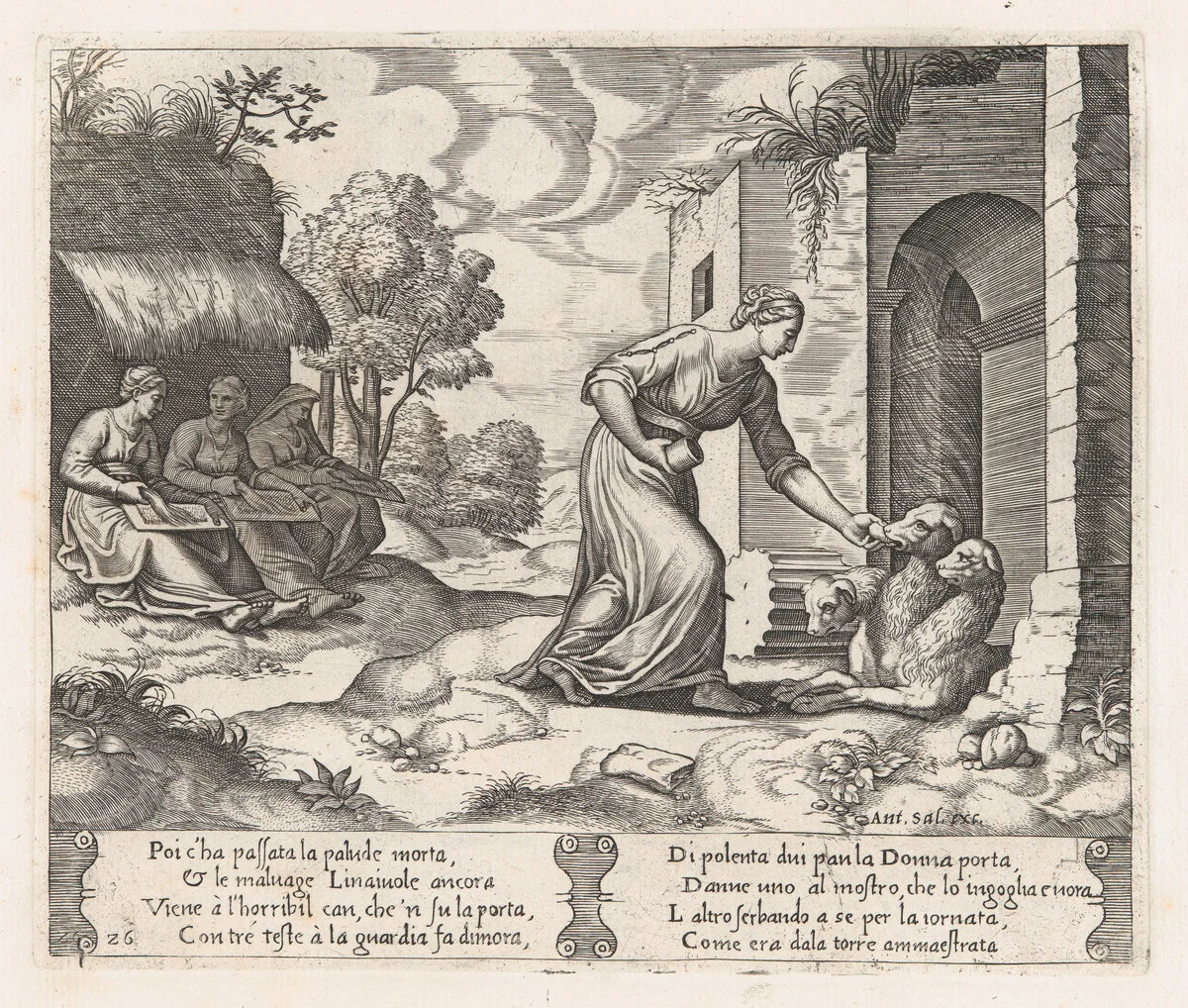 Plate 26: Psyche enters the underworld giving an offering to Cerberus, with two elderly women at left, from "The Story of Cupid and Psyche as told by Apuleius" by Master of the Die, print, 1530-1560