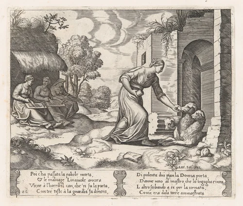 Plate 26: Psyche enters the underworld giving an offering to Cerberus, with two elderly women at left, from "The Story of Cupid and Psyche as told by Apuleius" by Master of the Die, print, 1530-1560