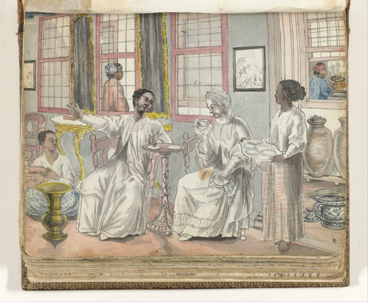 Theevisite in een Europees huis in Batavia by Jan Brandes, drawing, 1779-1785