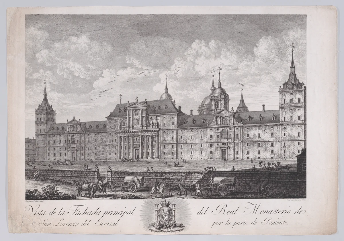 The main façade of the monastery of El Escorial, from "Views of El Escorial" by Tomás López Enguidanos, print, 1785-1795