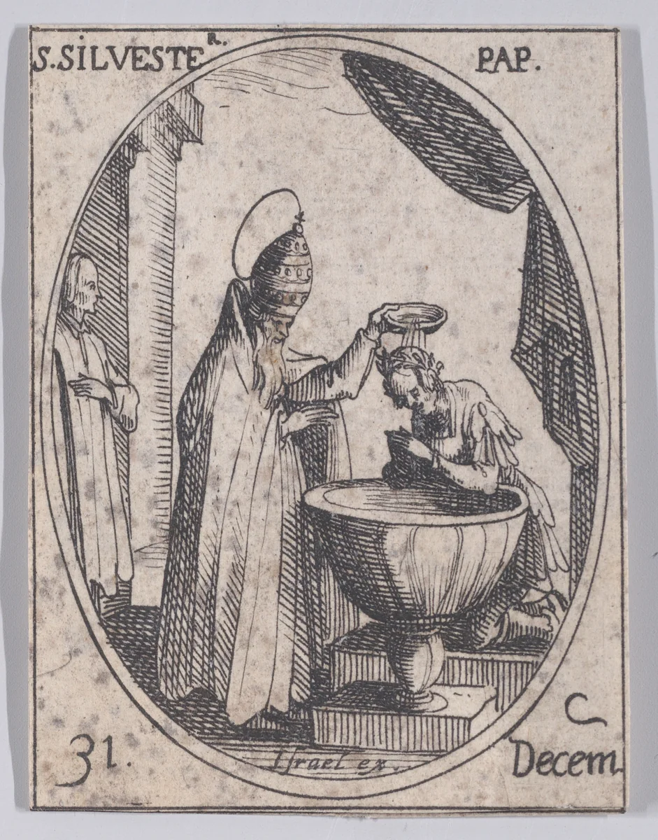 S. Silvestre, pape (St. Sylvester, Pope), December 31st, from "Les Images De Tous Les Saincts et Saintes de L'Année" (Images of All of the Saints and Religious Events of the Year) by Jacques Callot, print, 1636