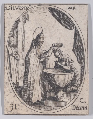 S. Silvestre, pape (St. Sylvester, Pope), December 31st, from "Les Images De Tous Les Saincts et Saintes de L'Année" (Images of All of the Saints and Religious Events of the Year) by Jacques Callot, print, 1636