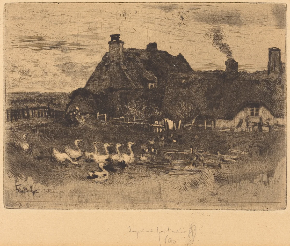 Les Petites Chaumières (Thatched Cottages--Small Plate) by Félix-Hilaire Buhot, print, 1878