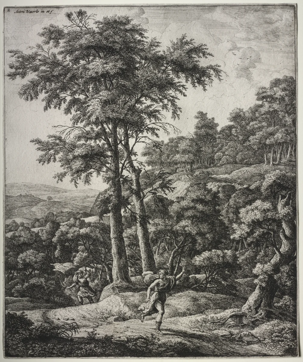 Six large upright landscapes with scenes from Ovid's Metamorphoses: Apollo and Daphne by Anthonie Waterloo, print, 1640-1690