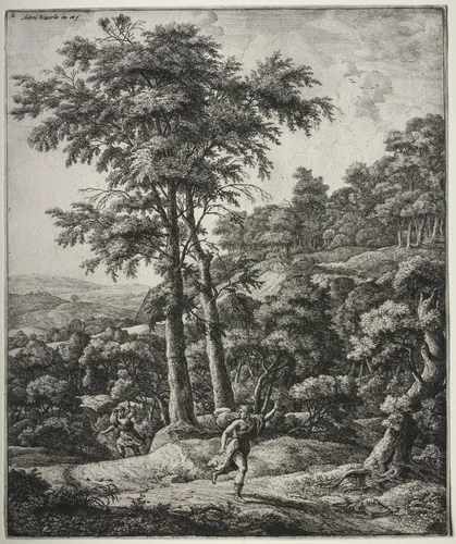 Six large upright landscapes with scenes from Ovid's Metamorphoses: Apollo and Daphne by Anthonie Waterloo, print, 1640-1690