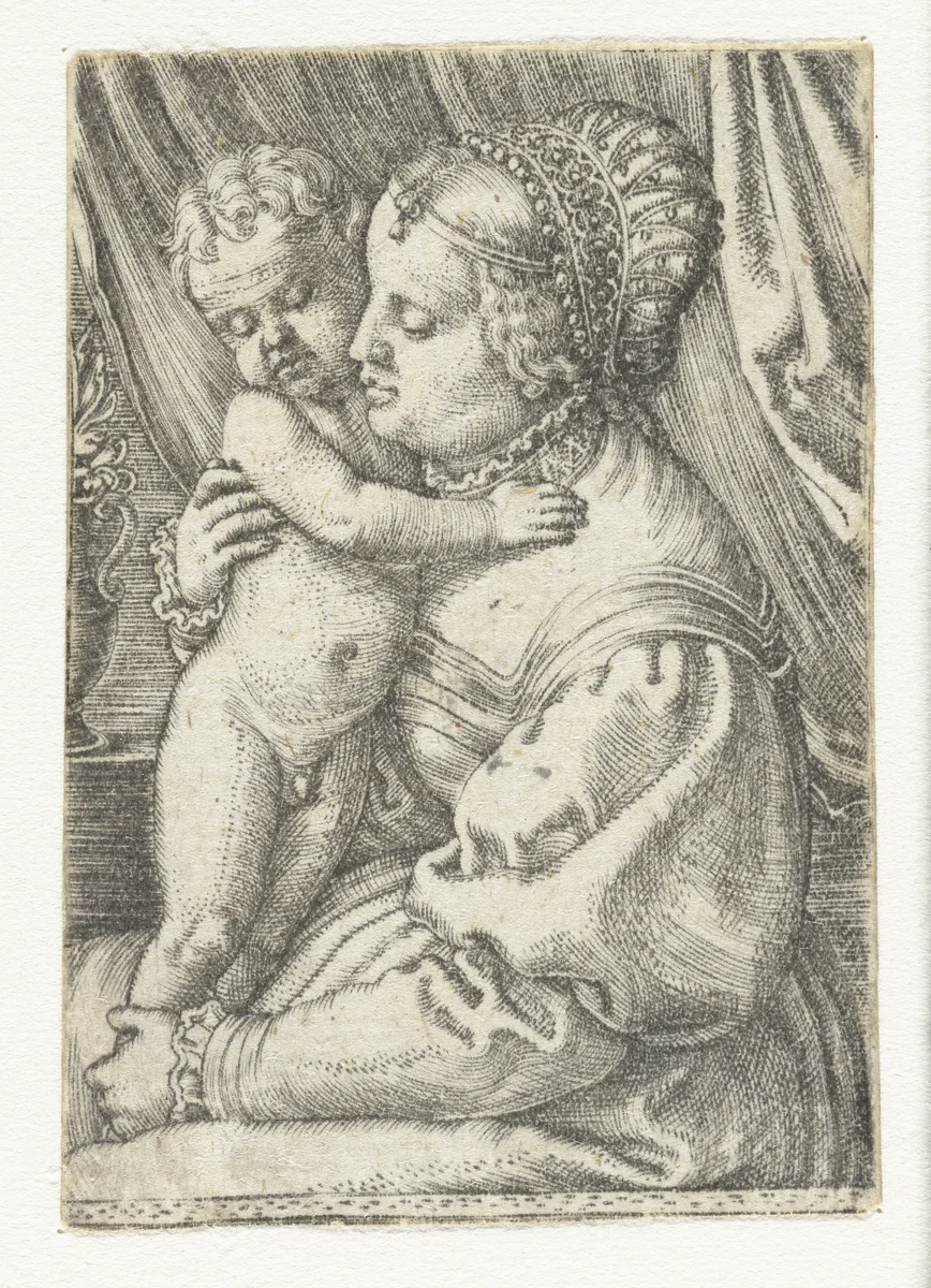 Maria zittend met kind staand op schoot by Barthel Beham, print, 1512-1540