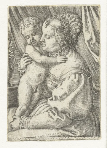 Maria zittend met kind staand op schoot by Barthel Beham, print, 1512-1540