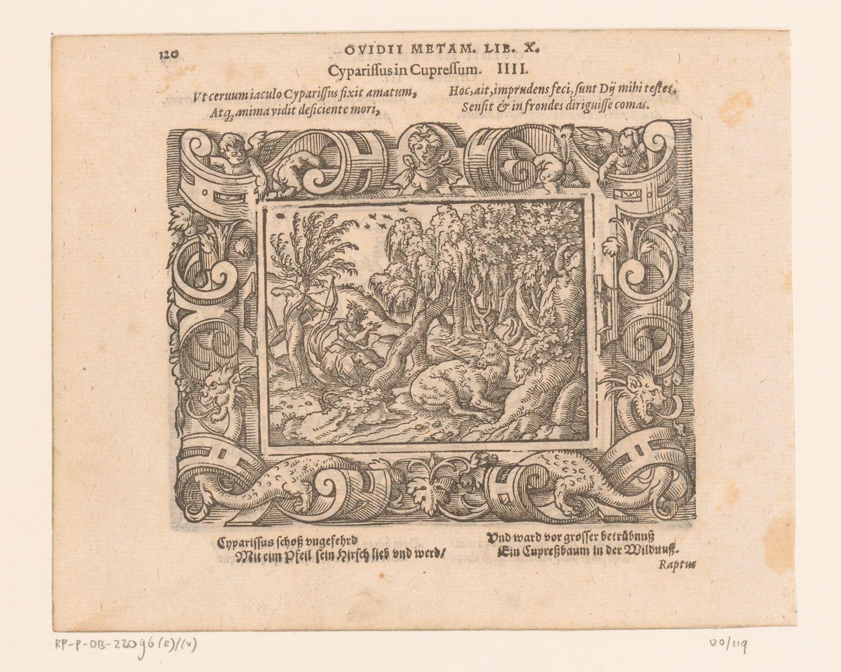 Cyparissus in een cipres veranderd by Virgilius Solis, print, 1569