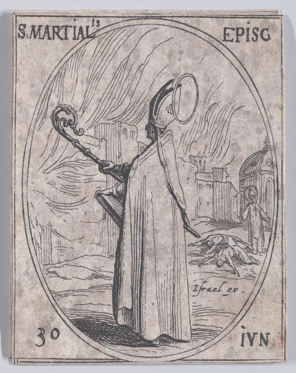 S. Martial, évêque (St. Martial, Bishop), June 30th, from "Les Images De Tous Les Saincts et Saintes de L'Année" (Images of All of the Saints and Religious Events of the Year) by Jacques Callot, print, 1636