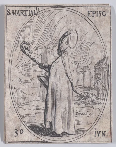 S. Martial, évêque (St. Martial, Bishop), June 30th, from "Les Images De Tous Les Saincts et Saintes de L'Année" (Images of All of the Saints and Religious Events of the Year) by Jacques Callot, print, 1636