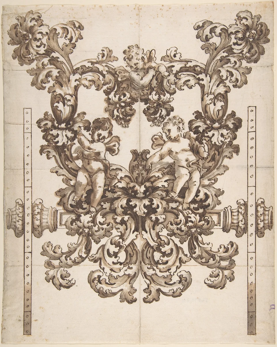 Rear View of an Elaborate Design for a Carved Wooden Carriage with Acanthus Leaves and Putti by anonymous, drawing, 1675-1725