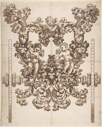 Rear View of an Elaborate Design for a Carved Wooden Carriage with Acanthus Leaves and Putti by anonymous, drawing, 1675-1725