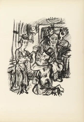 Job, Anima and the Contortionist (Hiob, Anima und der Kautschukmann) (plate, page 27) from Hiob (Job) by Oskar Kokoschka, illustrated book, 1916