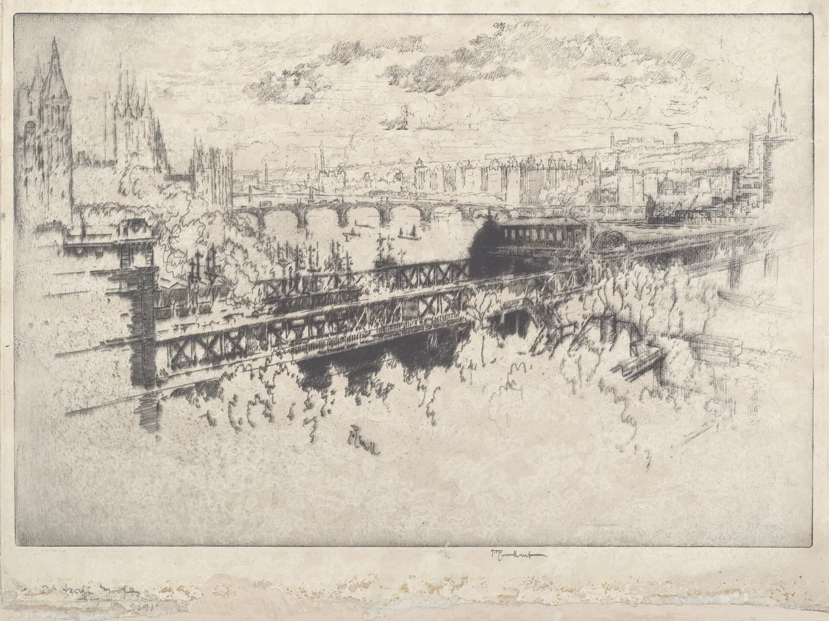 London over Charing Cross Bridge by Joseph Pennell, print, 1910