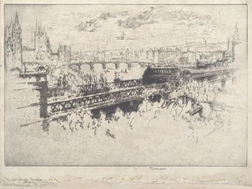 London over Charing Cross Bridge by Joseph Pennell, print, 1910