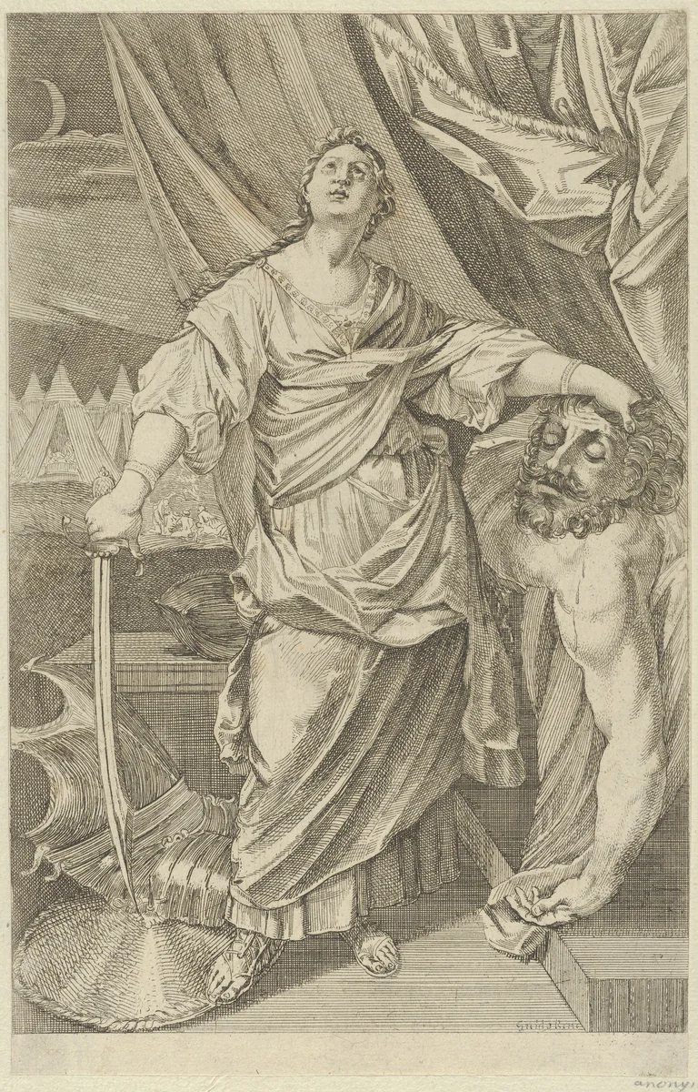 Judith standing and looking up, holding the head of Holofernes in her left hand and a sword in her right, tents in the background, after Reni by anonymous, print, 1650-1750
