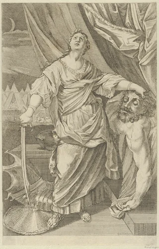 Judith standing and looking up, holding the head of Holofernes in her left hand and a sword in her right, tents in the background, after Reni by anonymous, print, 1650-1750