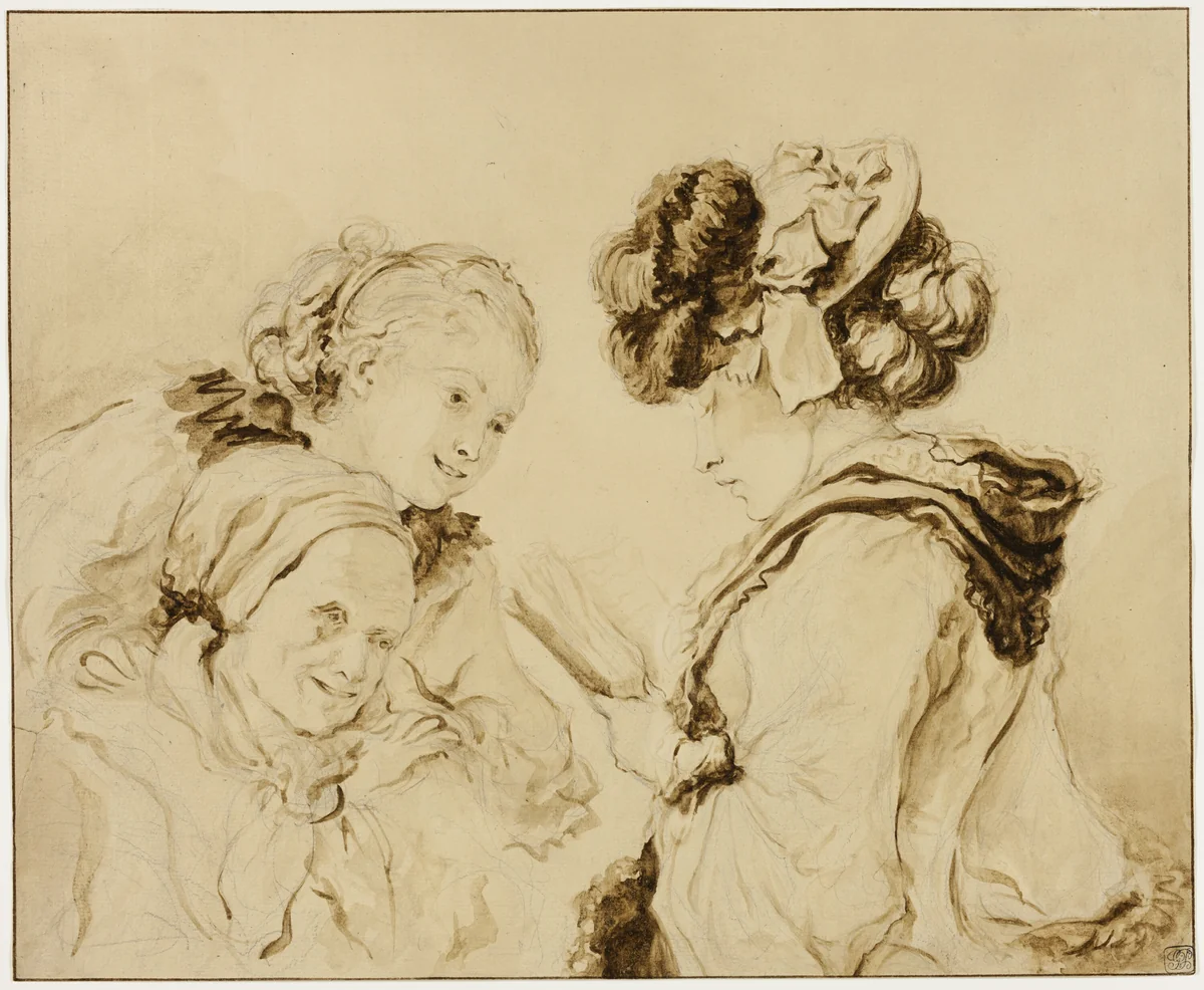 Margaruerite Gerard Reading to Her Mother and Rosalie Fragonard by Jean Honoré Fragonard, drawing, 1778-1785