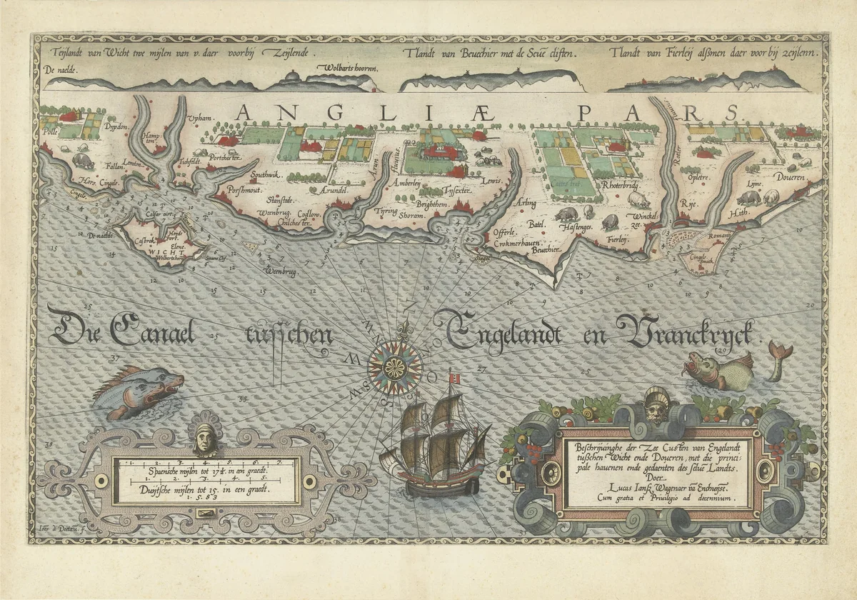 Kaart van de Zuidengelse kust tussen de Isle of Wight en Dover by Unknown, print, 1580-1583