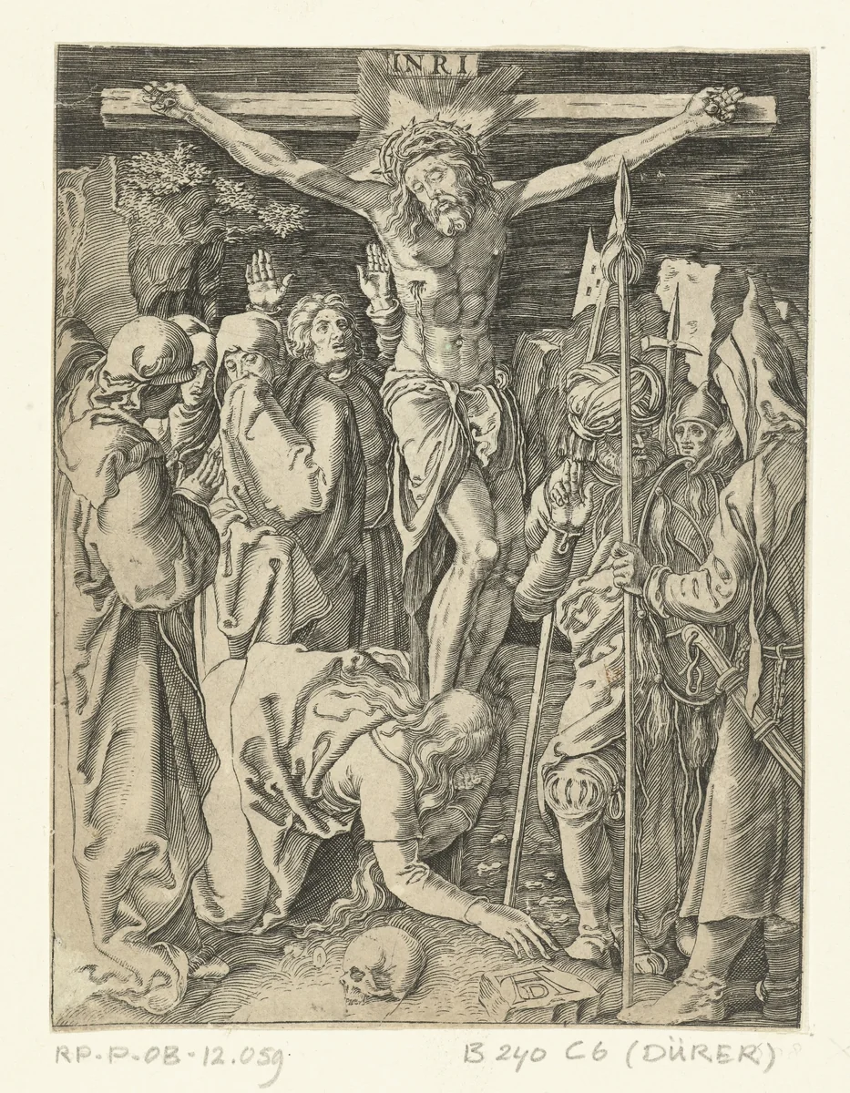 Christus aan het kruis met omstanders by anonymous, print, 1510-1699