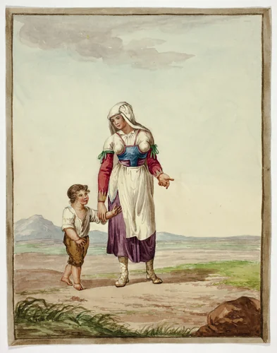 Woman in Native Costume with Boy on Road by Bartolomeo Pinelli, painting, 1801-1835