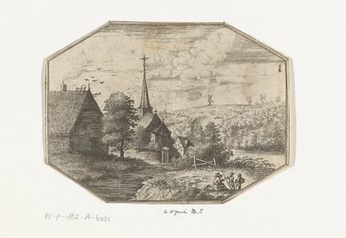 Dorp gelegen aan een rivier by anonymous, print, 1605-1700