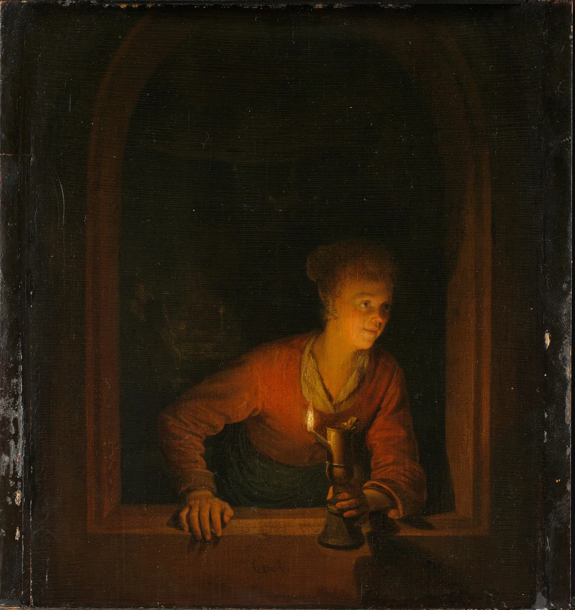 Girl with an Oil Lamp at a Window by Gerard Dou, painting, 1645-1675