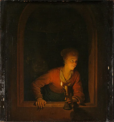 Girl with an Oil Lamp at a Window by Gerard Dou, painting, 1645-1675