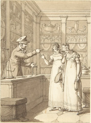 Design for a Book Illustration: Two Women in a Pawn Shop by anonymous, drawing, 1800-1900