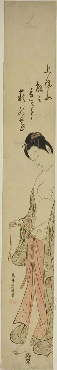Woman dressing after a bath by Torii Kiyomitsu I, print, 1755-1769