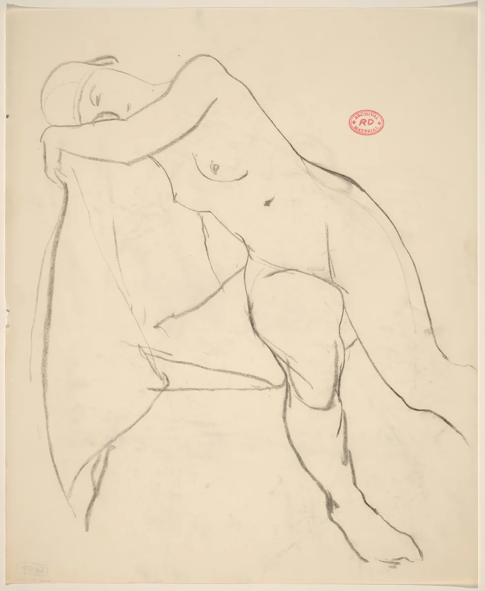Untitled [nude seated sideways resting her head and shoulder against seat back] by Richard Diebenkorn, drawing, 1955-1967