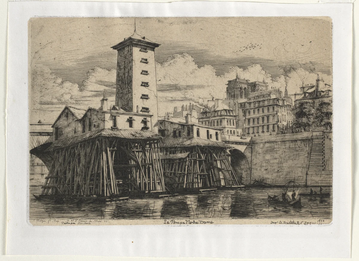 Notre Dame Pumphouse, Paris by Charles Meryon, print, 1852