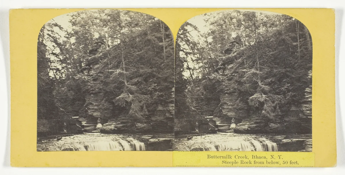 Buttermilk Creek, Ithaca, N.Y. Steeple Rock from below, 50 feet by J. C. Burritt, photograph, 1860-1865