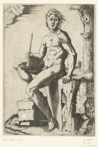 Zittende naakte man met een fluit by Unknown, print, 1510-1527