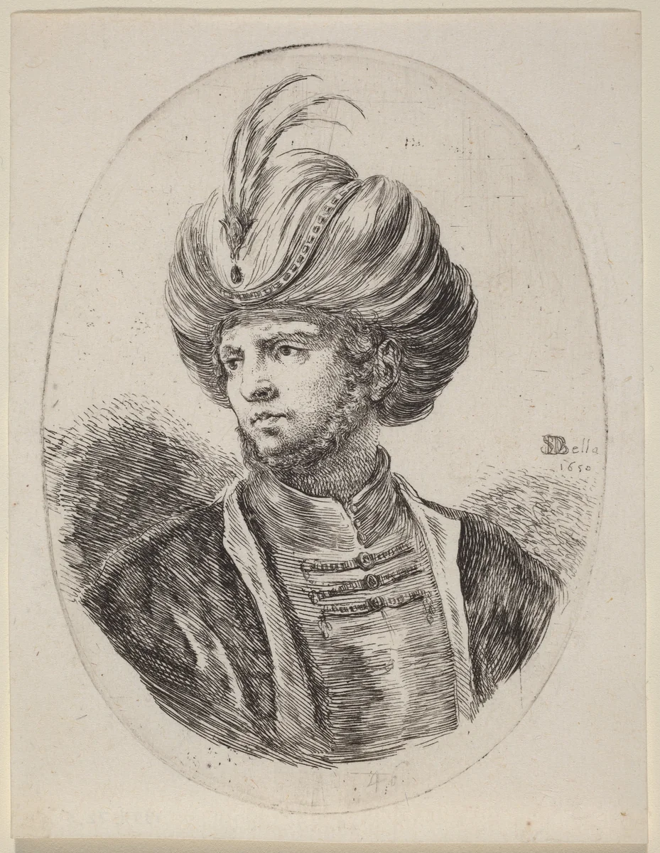 Young Moor with a Slight Beard and Feathered Turban, Turned to the Left by Stefano della Bella, print, 1650
