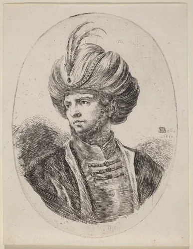 Young Moor with a Slight Beard and Feathered Turban, Turned to the Left by Stefano della Bella, print, 1650