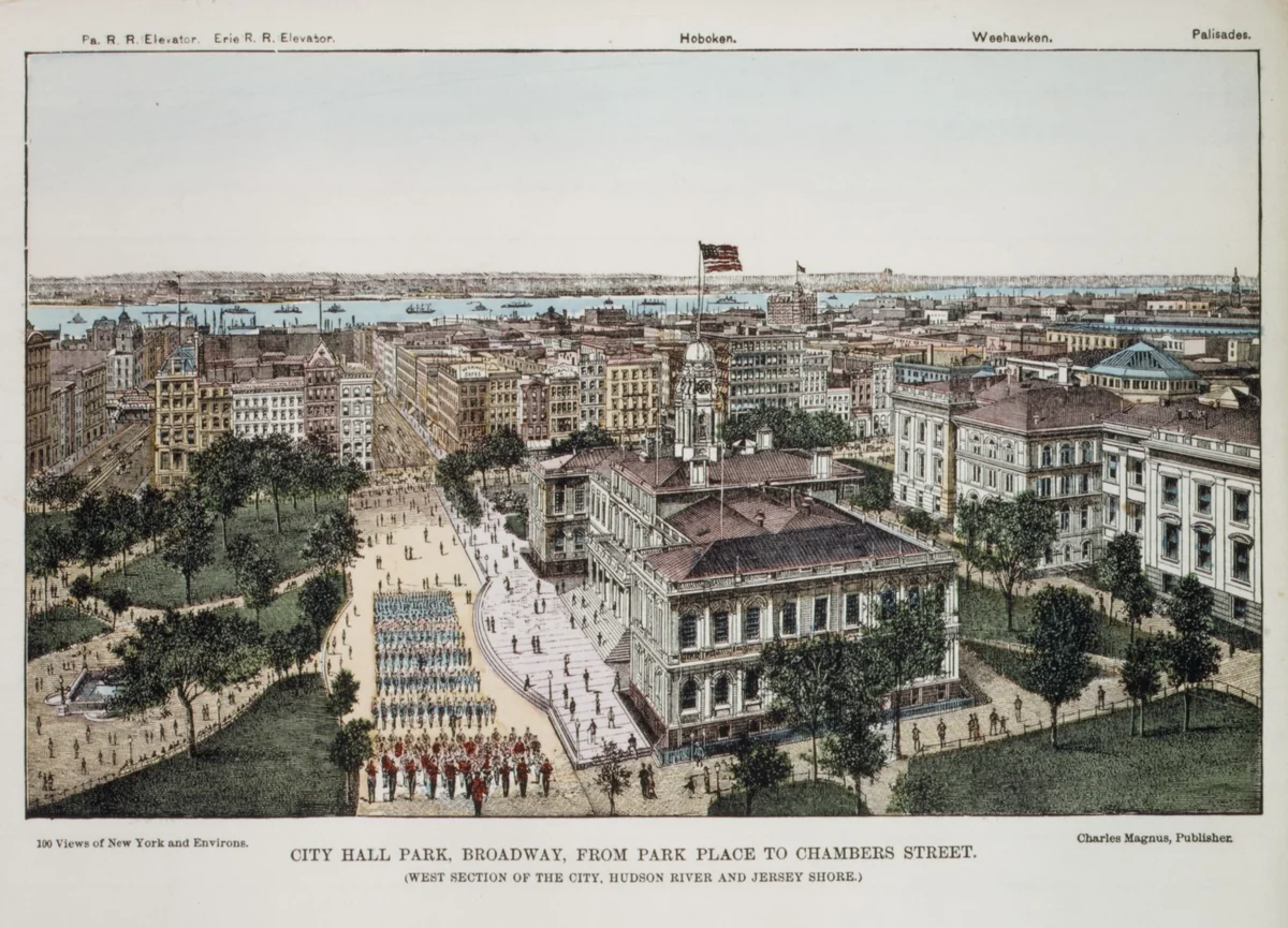 City Hall Park, Broadway, from Park Place to Chambers Street (West Section of the City, Hudson River and Jersey Shore) by Charles Magnus & Company, print, 1850-1900