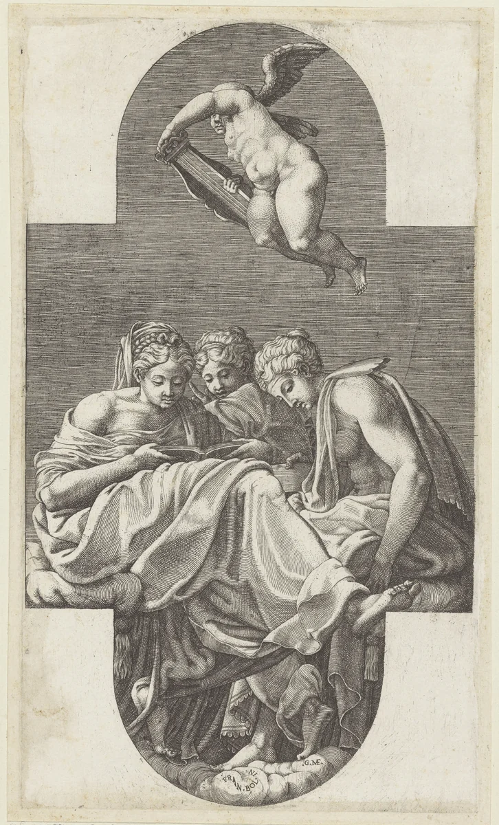 Drie Muzen en een putto met een lier by Unknown, print, 1530-1582