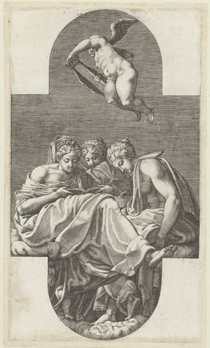 Drie Muzen en een putto met een lier by Unknown, print, 1530-1582