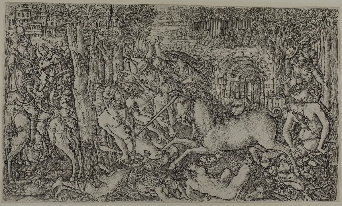 A King Pursued by a Unicorn by Jean Duvet, print, 1550-1560