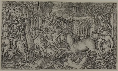 A King Pursued by a Unicorn by Jean Duvet, print, 1550-1560