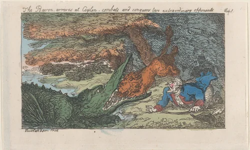 The Baron arrives at Ceylon, combats and conquers two extraordinary opponents by Thomas Rowlandson, print, 1809-1811
