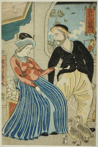 Russian's Love for a Lady (Oroshiyajin fujin wo aisu) by Utagawa Yoshitoyo, print, 1860