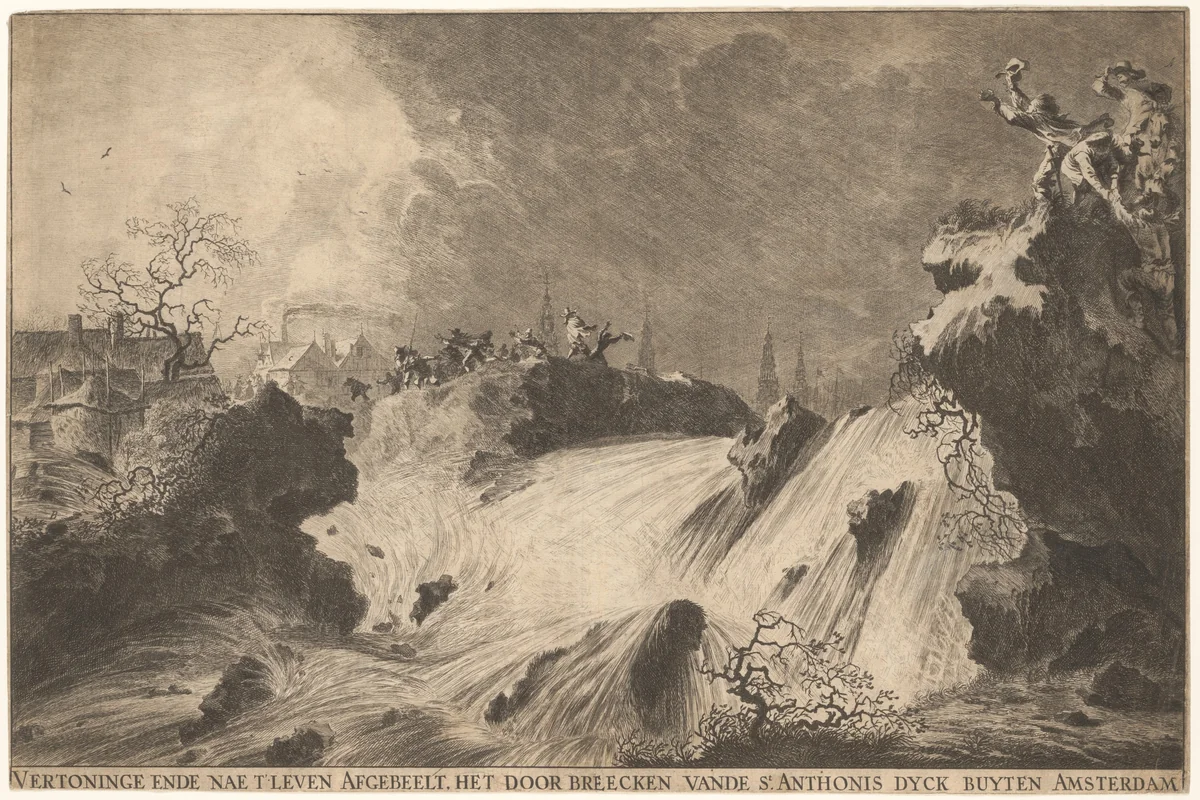 The Bursting of St. Anthony's Dike, 5 March 1651. Vertoninge...Amsterdam by Pieter Nolpe, print, 1613-1653