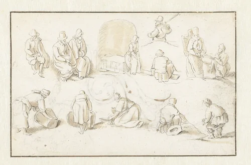 Dertien personen, zittend of werkend by Herman Saftleven, drawing, 1619-1685