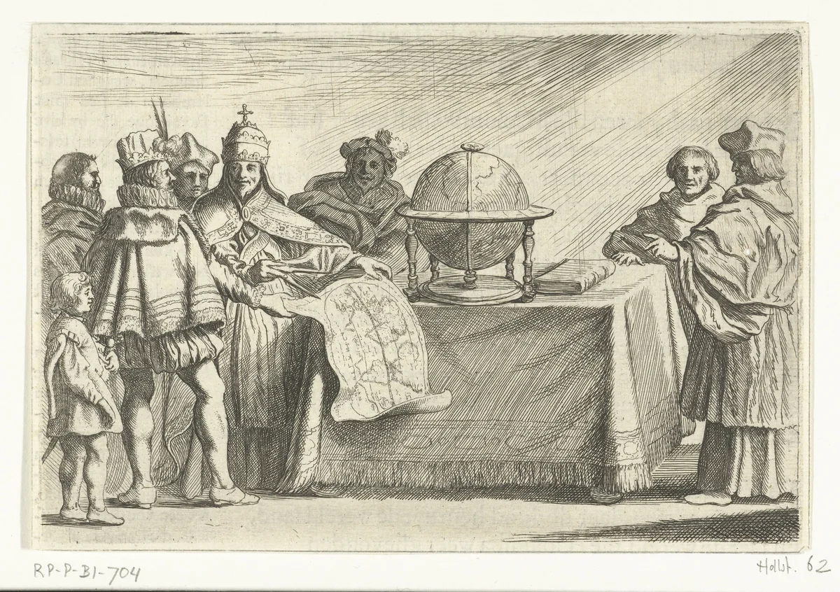 Columbus bij de paus by Willem Basse, print, 1632-1634