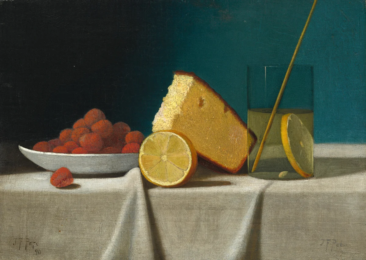 Still Life with Cake, Lemon, Strawberries, and Glass by John Frederick Peto, painting, 1890