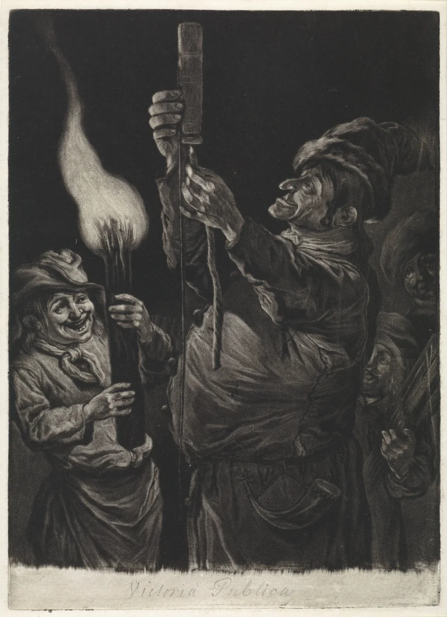 De man met een vuurpijl, met toeschouwers, 1695 by Jacob Gole, print, 1695-1724